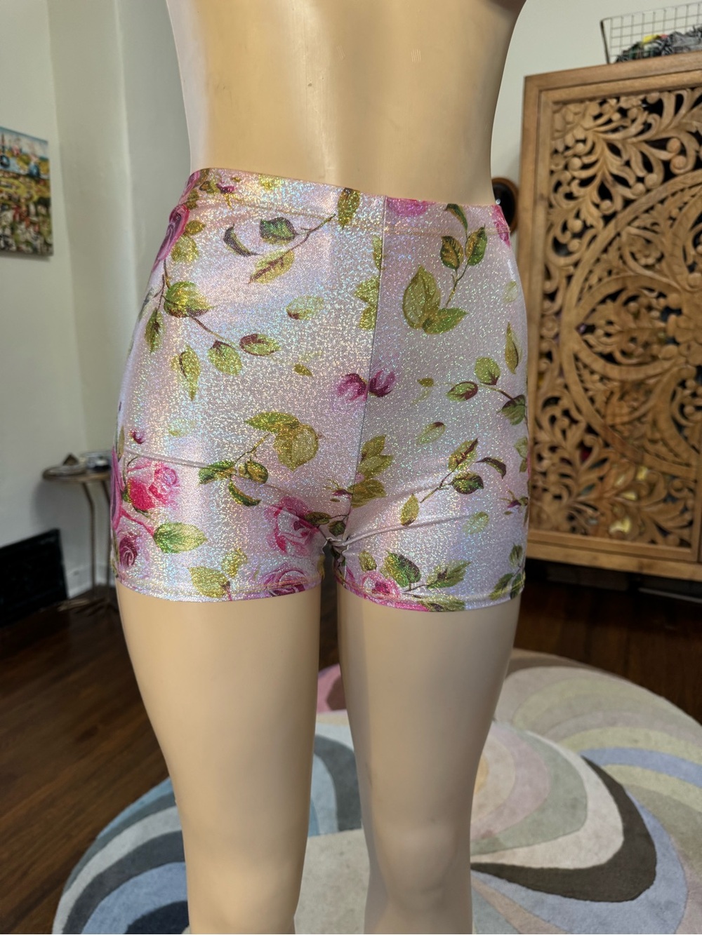 Floral Sparkle High-Waist Bike Shorts in Silver and Pink